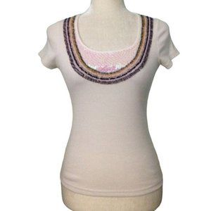Lozi Sports Jeans Beaded Sequin T Shirt XS White Short Sleeve Stretch Knit Japan